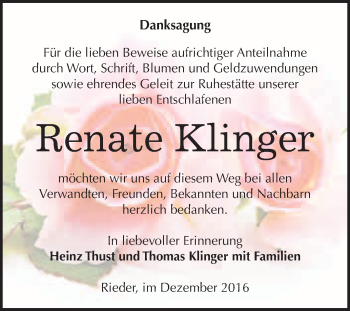 Traueranzeige von Renate Klinger von WVG - Wochenspiegel Quedlinburg