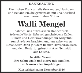 Traueranzeige von Walli Mengel von WVG - Wochenspiegel NMB / WSF / ZTZ
