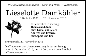 Traueranzeige von Lieselotte Damköhler von Mitteldeutsche Zeitung Quedlinburg
