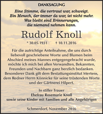 Traueranzeige von Rudolf Knoll von WVG - Wochenspiegel NMB / WSF / ZTZ