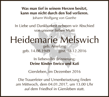 Traueranzeige von Heidemarie Melswich von Super Sonntag Aschersleben