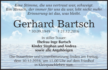 Traueranzeige von Gerhard Bartsch von Mitteldeutsche Zeitung Köthen