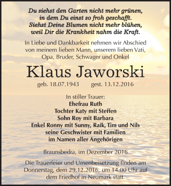 Traueranzeige von Klaus Jaworski von Mitteldeutsche Zeitung Merseburg/Querfurt