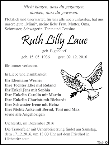 Traueranzeige von Ruth Lilly Laue von WVG - Wochenspiegel NMB / WSF / ZTZ