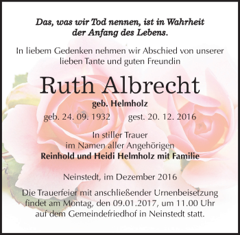 Traueranzeige von Ruth Albrecht von Mitteldeutsche Zeitung Quedlinburg