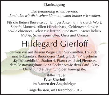 Traueranzeige von Hildegard Gierloff von Mitteldeutsche Zeitung Sangerhausen