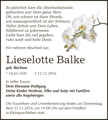 Traueranzeige von Lieselotte Balke von WVG - Wochenspiegel Dessau / Köthen