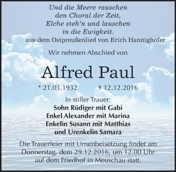 Traueranzeige von Alfred Paul von Mitteldeutsche Zeitung Merseburg/Querfurt