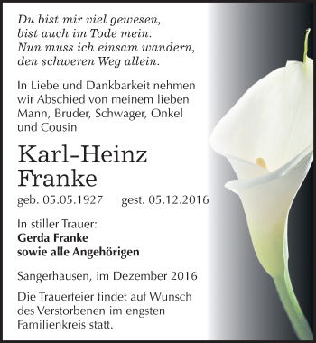 Traueranzeige von Karl-Heinz Franke von Mitteldeutsche Zeitung Sangerhausen