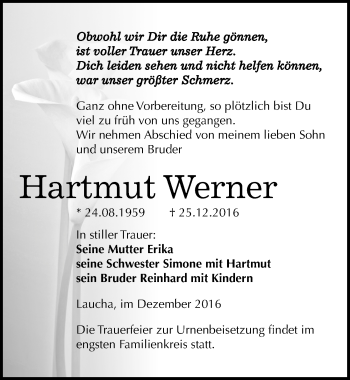 Traueranzeige von Hartmut Werner von Mitteldeutsche Zeitung Naumburg/Nebra