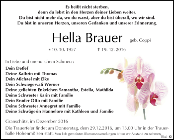 Traueranzeige von Hella Brauer von WVG - Wochenspiegel NMB / WSF / ZTZ