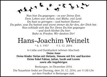 Traueranzeige von Hans Joachim Weinelt von Mitteldeutsche Zeitung Sangerhausen