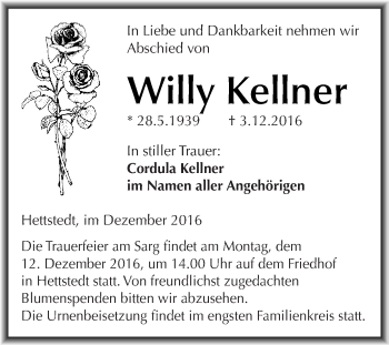 Traueranzeige von Willy Kellner von Super Sonntag SGH Mansf. Land