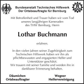Traueranzeige von Lothar Buchmann von Super Sonntag Bernburg