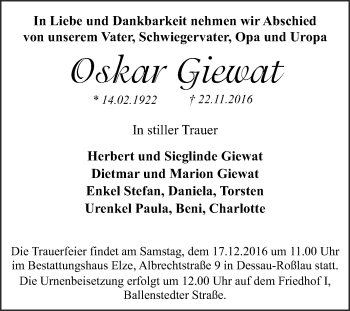 Traueranzeige von Oskar Giewat von WVG - Wochenspiegel Dessau / Köthen
