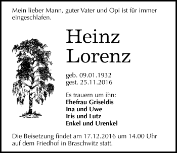 Traueranzeige von Heinz Lorenz von Mitteldeutsche Zeitung Halle/Saalkreis