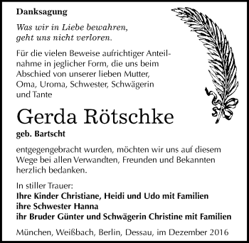 Traueranzeige von Gerda Rötschke von Mitteldeutsche Zeitung Dessau-Roßlau