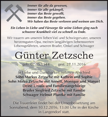 Traueranzeige von Günter Zetzsche von Mitteldeutsche Zeitung Zeitz