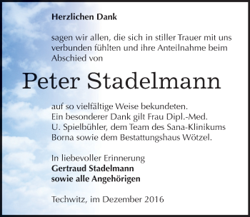 Traueranzeige von Peter Stadelmann von Mitteldeutsche Zeitung Zeitz