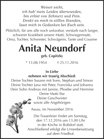 Traueranzeige von Anita Neundorf von WVG - Wochenspiegel Wittenberg