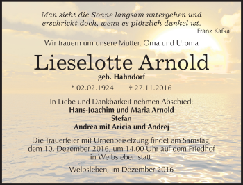 Traueranzeige von Lieselotte Arnold von Mitteldeutsche Zeitung Mansfelder Land