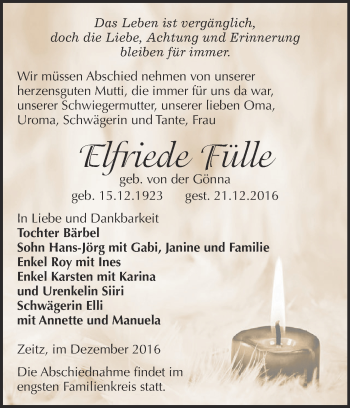 Traueranzeige von Elfriede Fülle von Super Sonntag Zeitz