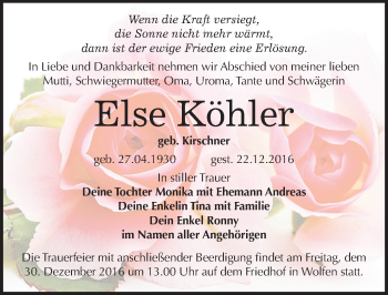 Traueranzeige von Else Köhler von Mitteldeutsche Zeitung Bitterfeld