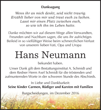 Traueranzeige von Hans Neumann von Mitteldeutsche Zeitung Naumburg/Nebra
