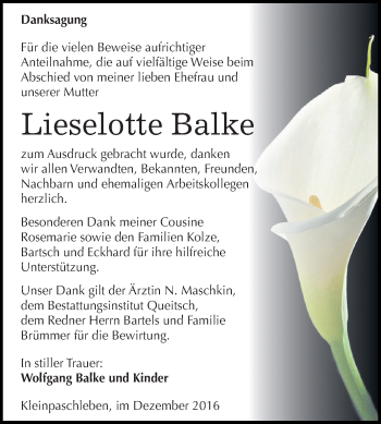 Traueranzeige von Lieselotte Balke von WVG - Wochenspiegel Dessau / Köthen