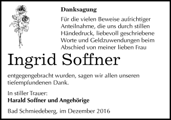 Traueranzeige von Ingrid Soffner von Mitteldeutsche Zeitung Wittenberg