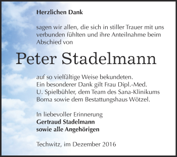 Traueranzeige von Peter Stadelmann von Super Sonntag Zeitz