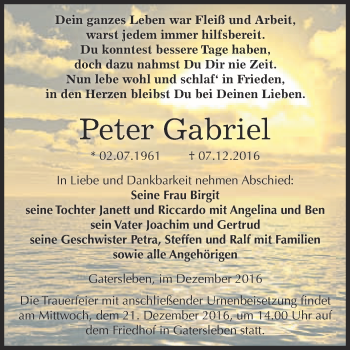 Traueranzeige von Peter Gabriel von Super Sonntag Quedlinburg