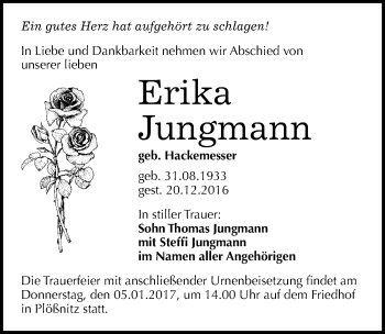 Traueranzeige von Erika Jungmann von Mitteldeutsche Zeitung Halle/Saalkreis