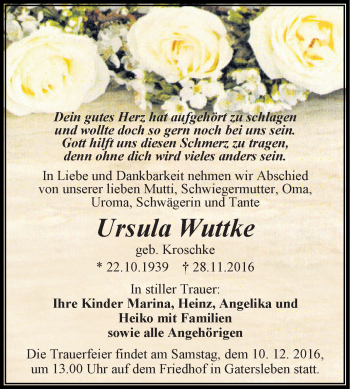 Traueranzeige von Ursula Wuttke von Super Sonntag Aschersleben