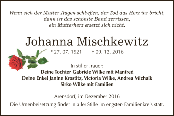 Traueranzeige von Johanna Mischkewitz von WVG - Wochenspiegel Dessau / Köthen