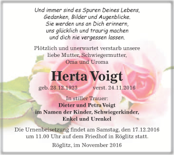 Traueranzeige von Herta Voigt von Super Sonntag Merseburg