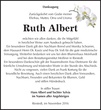 Traueranzeige von Ruth Albert von Mitteldeutsche Zeitung Sangerhausen