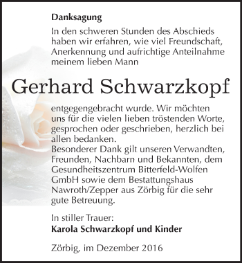 Traueranzeige von Gerhard Schwarzkopf von Mitteldeutsche Zeitung Bitterfeld