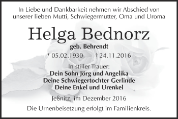 Traueranzeige von Helga Bednorz von WVG - Wochenspiegel Bitterfeld