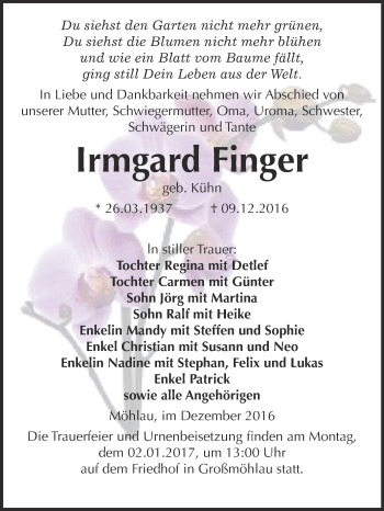 Traueranzeige von Irmgard Finger von WVG - Wochenspiegel Wittenberg