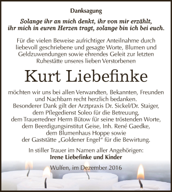 Traueranzeige von Kurt Liebefinke von WVG - Wochenspiegel Dessau / Köthen