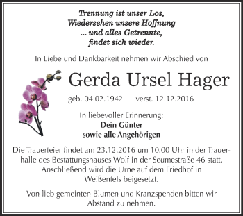 Traueranzeige von Gerda Ursel Hager von WVG - Wochenspiegel NMB / WSF / ZTZ
