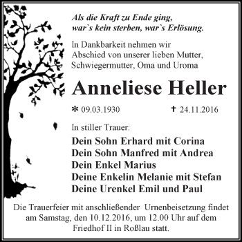 Traueranzeige von Anneliese Heller von WVG - Wochenspiegel Dessau / Köthen