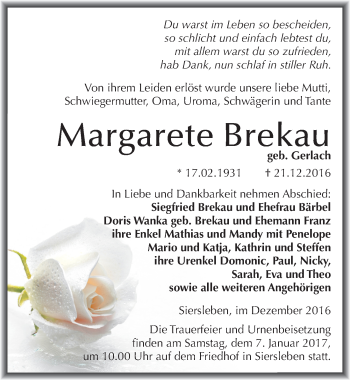 Traueranzeige von Margarete Brekau von Mitteldeutsche Zeitung Mansfelder Land