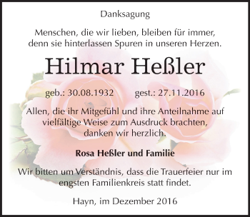 Traueranzeige von Hilmar Heßler von Mitteldeutsche Zeitung Sangerhausen