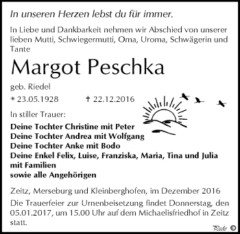 Traueranzeige von Margot Peschka von Mitteldeutsche Zeitung Zeitz