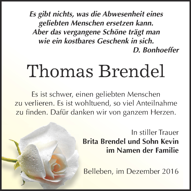  Traueranzeige für Thomas Brendel vom 10.12.2016 aus Super Sonntag Bernburg
