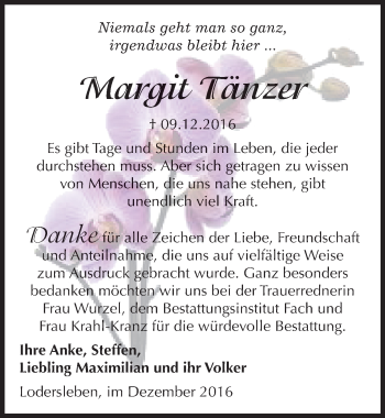Traueranzeige von Margit Tänzer von Mitteldeutsche Zeitung Merseburg/Querfurt
