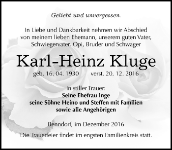 Traueranzeige von Karl-Heinz Kluge von Mitteldeutsche Zeitung Mansfelder Land