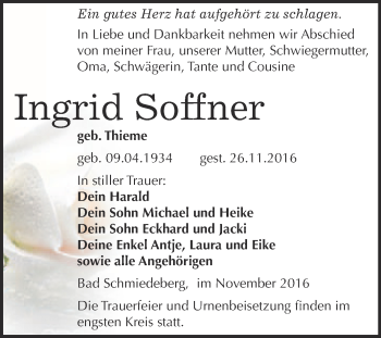 Traueranzeige von Ingrid Soffner von WVG - Wochenspiegel Wittenberg